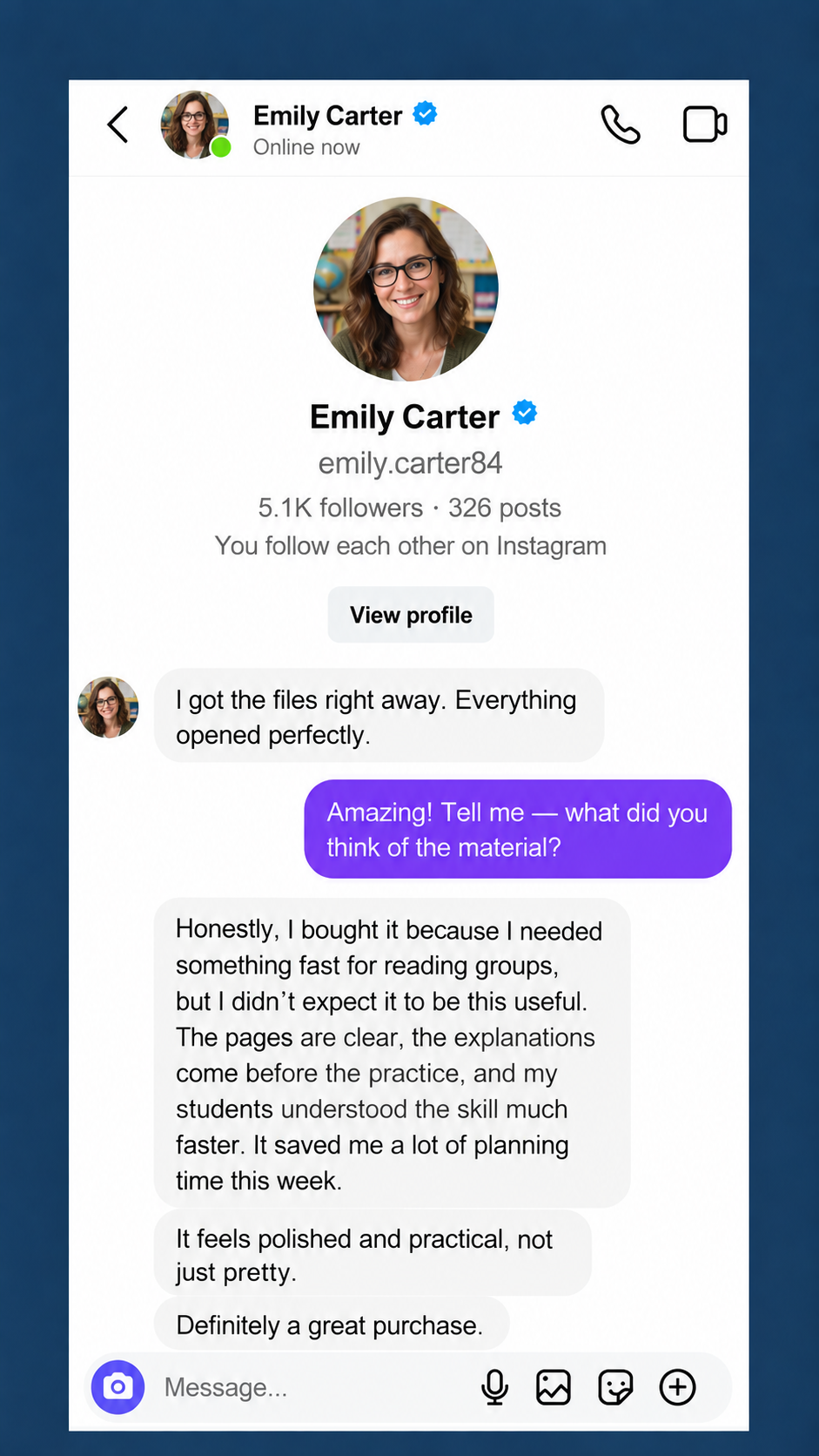 Instagram direct-message testimonial about the Reading Comprehension resource