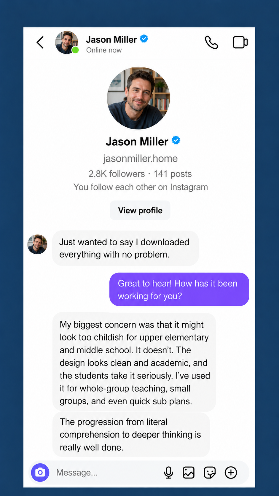 Instagram direct-message testimonial from a teacher about the Reading Comprehension resource