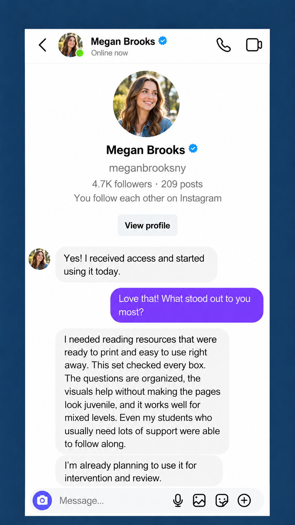 Instagram conversation testimonial from a teacher about the Reading Comprehension resource
