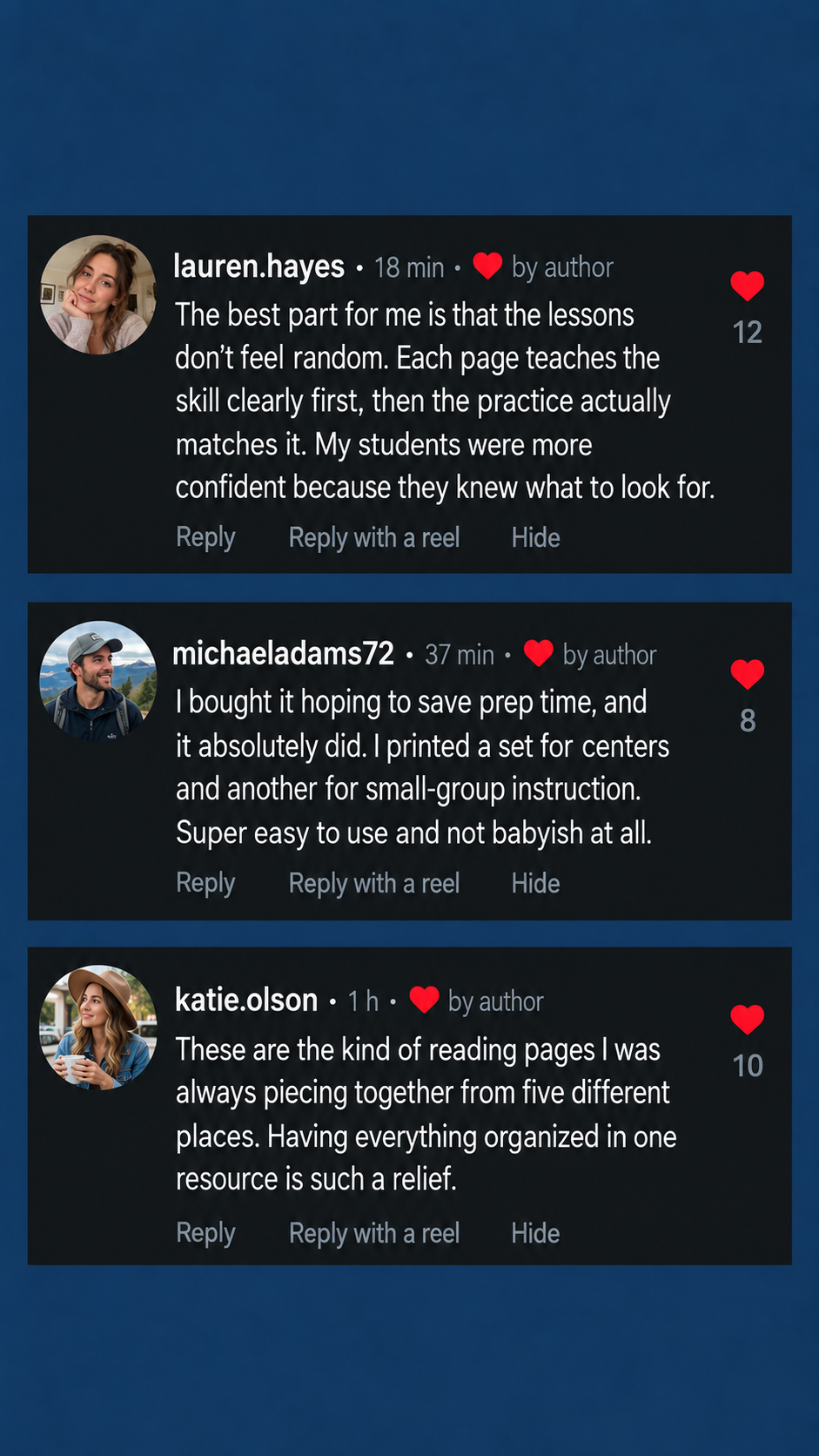 Teacher comments about the Reading Comprehension resource