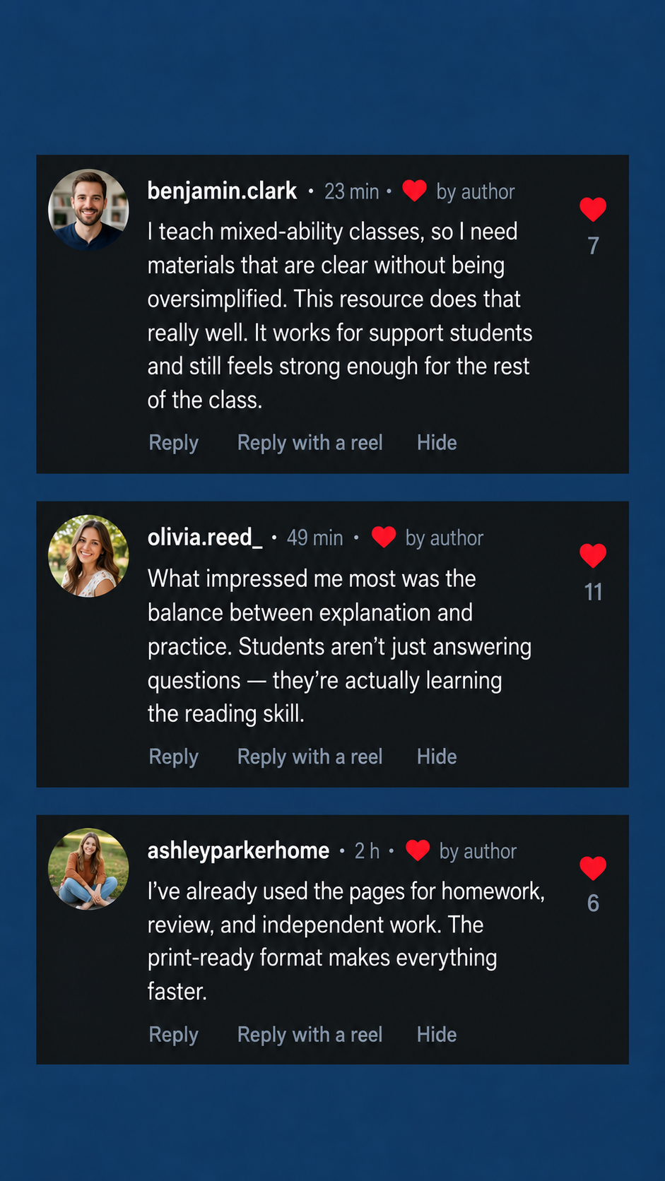 More teacher comments about the Reading Comprehension resource